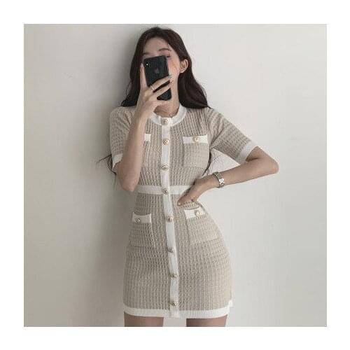 Button Knitted Dress Bodycon Mini Vestido Curto Summer Sexy Party Elegant Black Black Moda Feminina Ropa Mujer 2021 Robes MH984