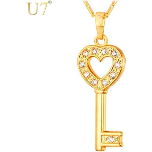U7 Key Heart Necklace Women Fashion Jewelry For Women Gold Color Crystal Love Key Necklaces & Pendants P617