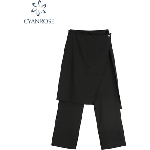 2021 Spring Autumn Streetwear Fake Two Pieces Skirt Pants Women Button Waist Loose Casual Sport Long Trousers Fashion Korean Set