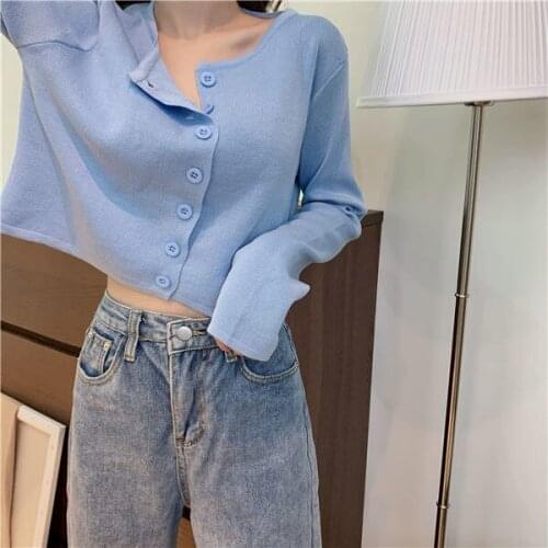 Knitted Cardigan Female Student Korean Style Solid Color Bottoming Shirt 2020 Spring and Summer New Short Casual Top