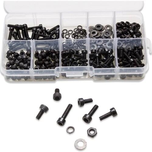 ZENHOSIT 300PCS Carbon Steel Black Column Hexagon Screw Bolts&Nut Flat Pad Washers Spring Washer Box Assortment Kit