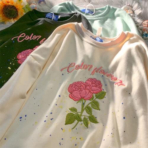 Elegant Floral Rose Embroidery Crewneck Sweatshirt Women Long Sleeve Tops 2021 Autumn Harajuku Streetwear Fashion Teens Clothes