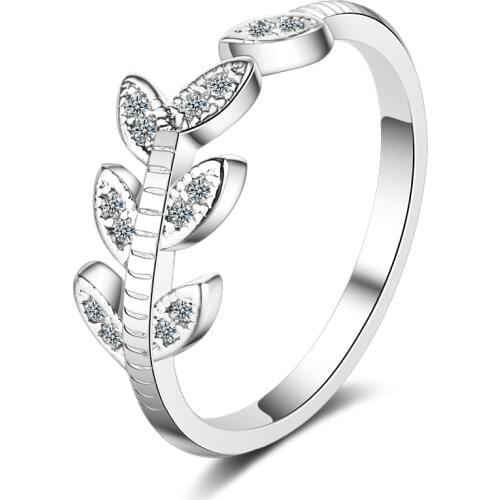 ANENJERY 925 Sterling Silver Branches Leaves Ring For Women Simple Zircon Adjustable Ring S-R468