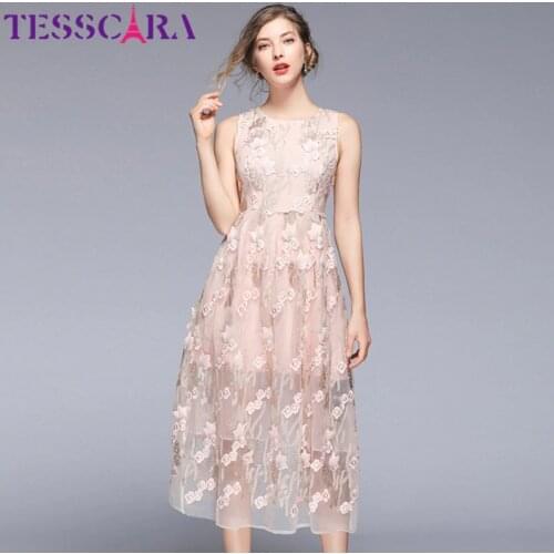 TESSCARA Women Luxury Embroidery Mesh Dress Festa High Quality Long Elegant Cocktail Party Robe Femme Vintage Designer Vestidos