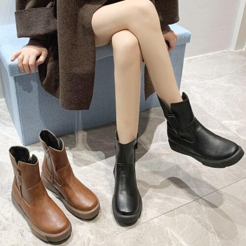 Winter Women Boots Round Toe Comfortable Low-heel Boots For Women Platform Genuine Leather Brock Black Motorcycle Boots