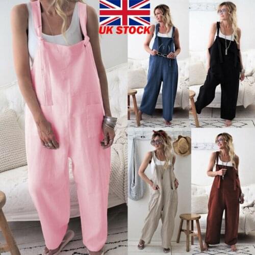 2019 New Brand Women Casual Loose Cotton Linen Solid Pockets Jumpsuit Overalls Wide Leg Cropped Pants macacao feminino Romper