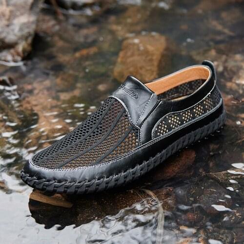 2021 Summer New Large Size Mens Leather Casual Shoes Net Surface Breathable Korean Version of a Foot Sloth Shoes Men