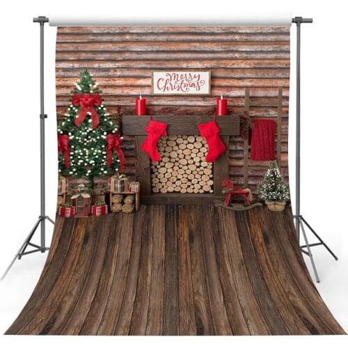 Avezano Christmas Backdrop Retro Wood Fireplace Background Photography Decor Red Stocking Gift Xmas Tree Photo Prop Studio Booth