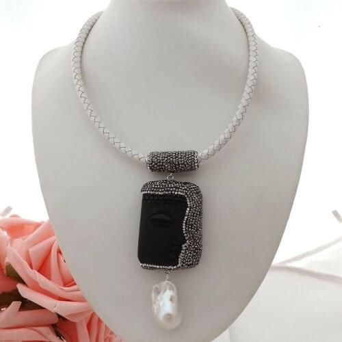 18" White Leather Necklace White Keshi Pearl natural black stone caved Buddha Pendant necklace religious style for women