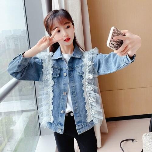 Kids Clothing Girls Denim Jacket Lace Decoration Children Spring Autumn Jean Coat Teenager Girls Long Sleeve Outerwear