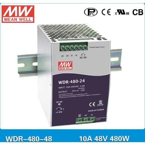 Original Meanwell WDR-480 480W 10A 48V 24V Industrial DIN Rail Power Supply wide input 180~550VAC with PFC 20A 10A