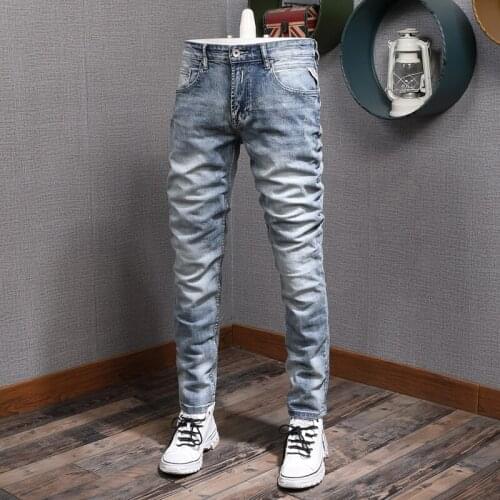 Italian Style Fashion Men Jeans Retro Light Blue Elastic Cotton Ripped Denim Trousers Vintage Designer Casual Slim Long Pants
