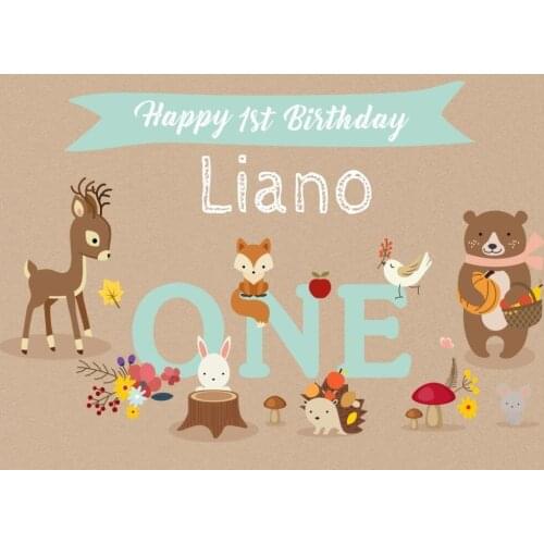 Custom woodland forest animal happy one birthday photo backdrop High quality Computer print party background