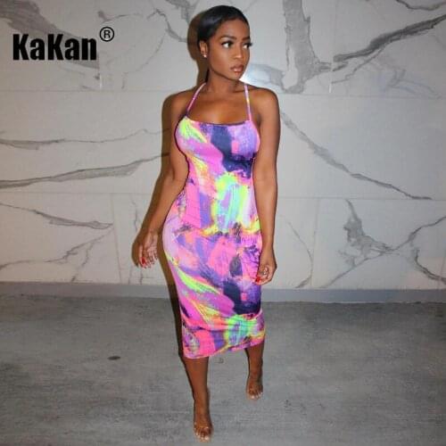 Kakan European and American Sexy Hollow Suspenders Graffiti Print Dress 2020 Summer New Dress