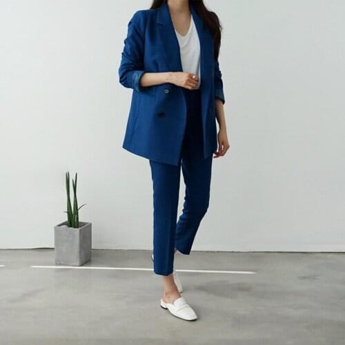 2 piece sets womens outfits autumn casual fashion solid blue black slim loose office ladies business professional OL suit