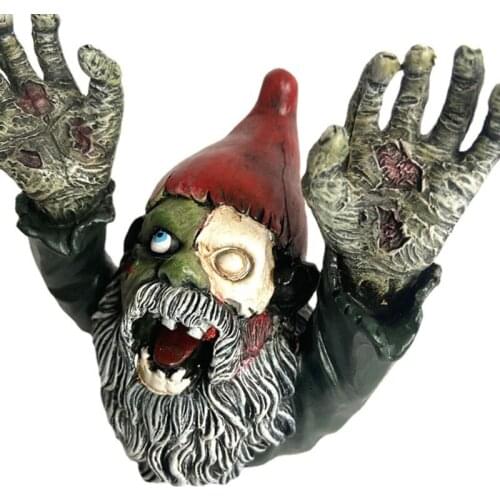 Creative Halloween Horror Dwarf Statue Raise Hands Half Zombie Gnome Floor Sculpture Figurine Resin Ornament Garden Party