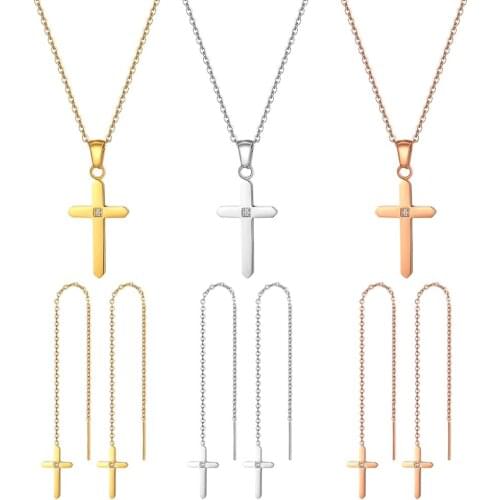 BONISKISS Classic Cross Earring Necklace Set For Woman Gold Tassel Earrings Stainless Steel Lady Necklaces Earrings Accessories