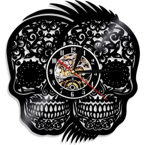 Skeleton Heads Vinyl Record Wall Clock Two Skull Heads Halloween Wall Art Home Decor Death Skulls Modern Wall Clock Handmade Art