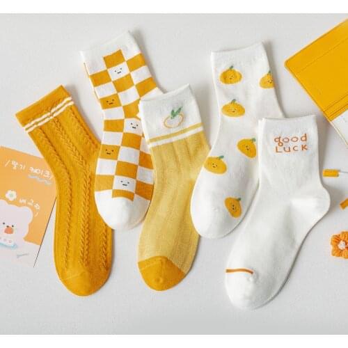 Women Plaid Checkered Dress Socks Striped Yellow White Geometric Gingham Cute Novelty Casual Thin Cotton Knit Ladies Crew Sock