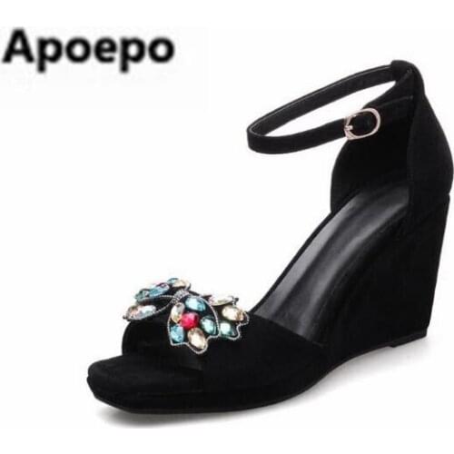 Newest brand black peep toe women wedges shoes Color crystal butterfly-knot platform high heels sandals women gladiator shoes