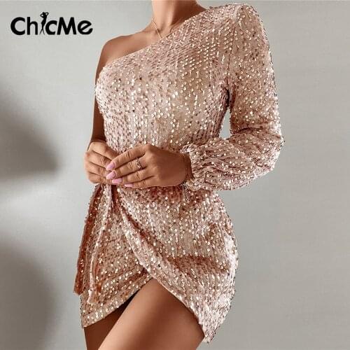 Chicme Autumn Women Sequined One Shoulder Bodycon Dress for Women 2021 Party Long Sleeve Nightclub Sexy Birthday Dress Elegant