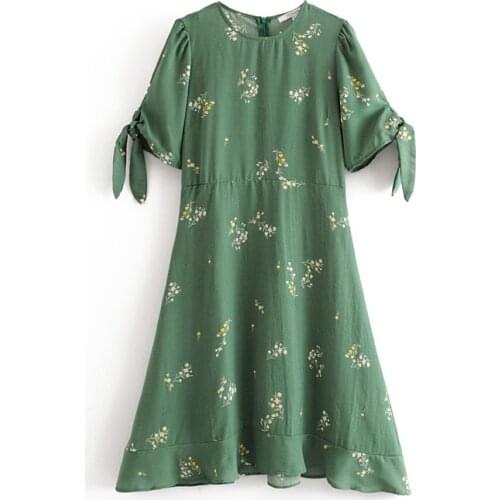Dress Women Summer Floral Print Ruffle Hem Boho Beach Dresses 2021 Woman Round Neck Short Sleeve Tie Holiday Casual Mini Dress
