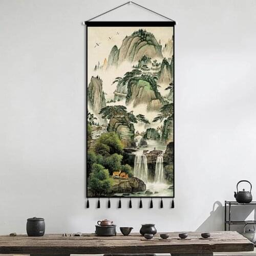 Retro Landscape Canvas Painting Chinese Style Wall Art Poster Scroll Hanging Painting Decor Tapestry Home Living Room Decoration