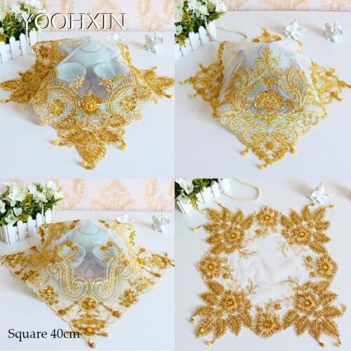 Luxury beads gold embroidery lace table place mat cloth pad cup coaster placemat doily kitchen wedding Christmas decor tableware