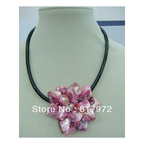 Sweet Girl Handmade shell slice Knit Pink Beautiful Flower Bib Pendant Chain Necklace Chunky Hide Rope Gift