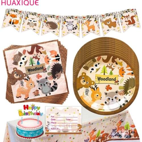 8pcs Woodland Animals Party Tableware Squirrel Fox Bear Safari Paper Plate Cup Napkin Balloon Happy Brithday Banner Baby Shower