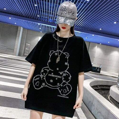 Flash Diamond Loose Short-sleeved T-shirt Womens Mid-length Style Oversize 2021 Summer New ins Nightclub