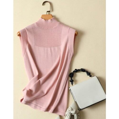 Sleeveless Knitted Women T-Shirts Summer New Solid Turtleneck Loose Elegant Office Lady Pulls Outwear Tops