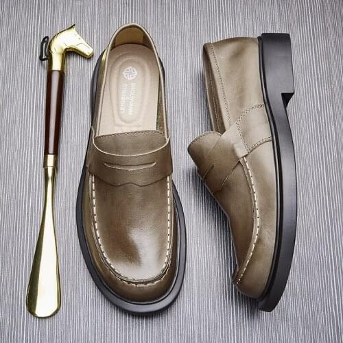 Mens Slip On Penny Shoes Elegant Khaki Brown Genuine Leather Casual Loafers Grooms Wedding Boss Suits Social Formal Flats
