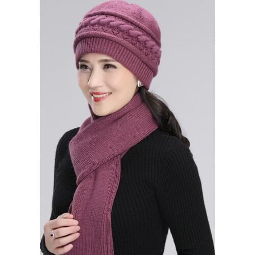 Wool Knitted Hat Women Winter Warm Elegant Scarf Grandmother Mother Christmas Gift Middle-aged Elderly Female Fashion Cap H7165