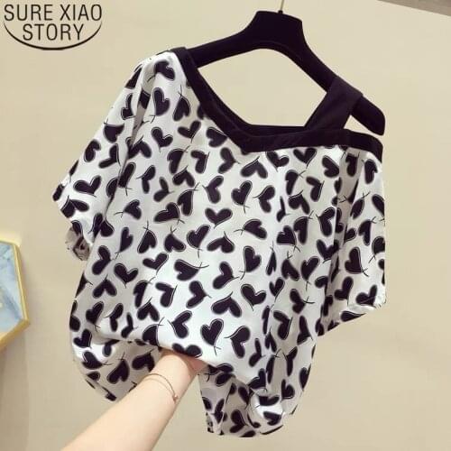 Womens Summer New 2021 Fashion Love Print Off Shoulder Chiffon Blouse V-neck Chic Tops Short Sleeve Clothes Blusas Mujer 15436