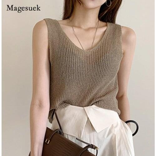 Summer 2021 Korean Women Blouse Back Cross V-neck Thin Hollow Out Blouse Slim Knitwear Casual Sexy Sleeveless Tops Blusa 14811