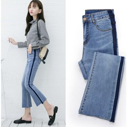 2019 Ankle-Length Pants Women Elastic Skinny Flared Jeans Panelled Scratched Fashion High Waist Jeans Preppy Style Sweet Student