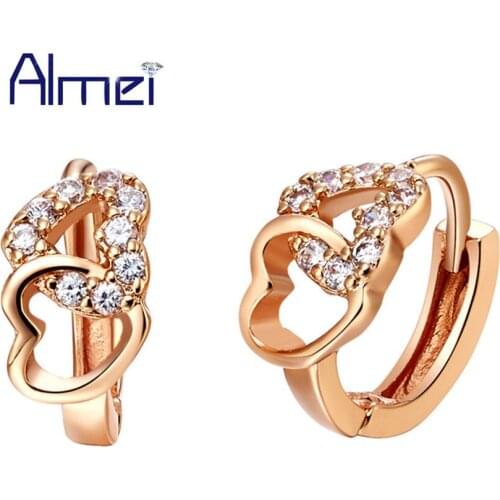 Almei 15%Off Rose Gold Color Heart Crystal Stud Earrings Jewerly Rhinestone Earring for Women Ladies Earing Accessories R522