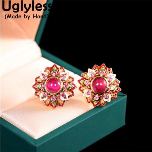 Uglyless Enamel Flowers Studs Earrings Women Pretty Corundum Semi-precious Gemstones Earrings 925 Sterling Silver Lotus Brincos