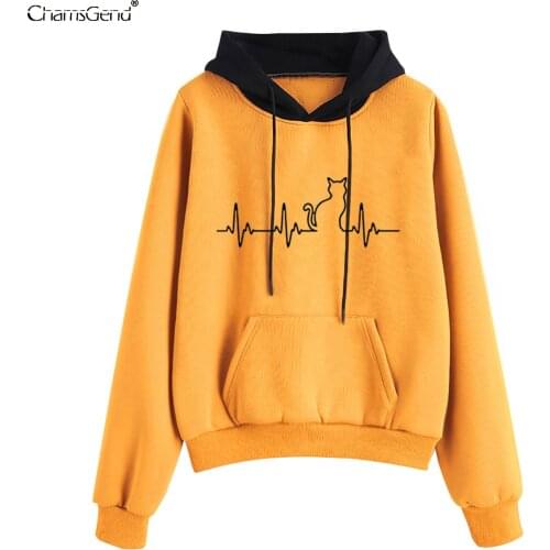 Women Sweatshirt Ladies Hooded Stick Figure Cat Printed Casual Pullovers Girls Long Sleeve Autumn Harajuku Hooded Hoodies