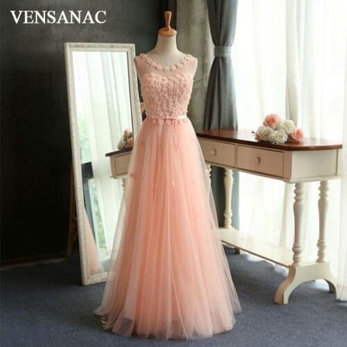 VENSANAC New A Line 2017 Flowers Long Evening Dresses Sleeveless Elegant Lace Beadings Back Lace Up Party Prom Gowns