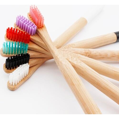 Rainbow Bamboo Toothbrush 6 Colors Round Bamboo Handle Black Bristle Adult Tandenborstel Wooden Handle Low carbon Toothbrush