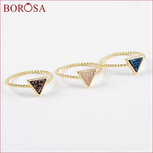 BOROSA 10pcs Gold Color Triangle Rainbow Drusy Rings,Multi-color Crystal Titanium Rainbow Druzy Bezel Ring Gems Jewelry ZG0290