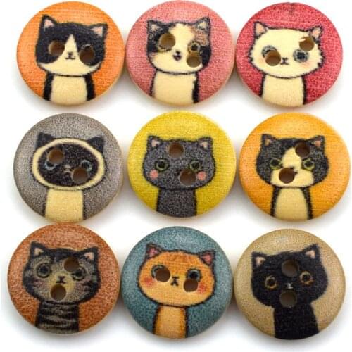100PCS Wooden Natural Cartoon Cats 2 Hole Buttons DIY Handmade Sewing Accessories Scrapbooking Craft Decoration Wood Button
