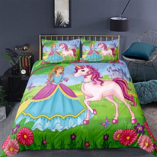 3D Princess Unicorn Printed Duvet Cover Pillowcase Cartoon Bedding Set 2/3 Pcs Pink Quilt Cover Girl Kid Bedroom Home Textiles