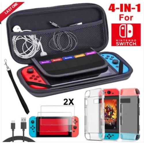 4Pcs Portable Carrying Storage Bag Protective Case Screen Protector W/ Cable For Nintendo Switch-Black
