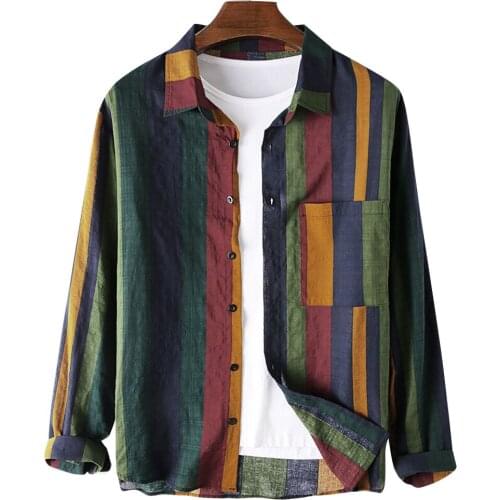 Spring Mens Blouse Regular-Fit Long-Sleeve Linen Tops Women Button-up Striped Folded Collar Chest Pockets Casual Top Clothes