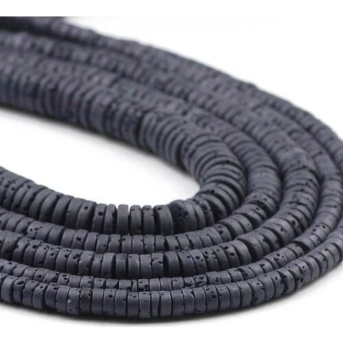 Natural Black Volcanic Lava Stone Beads 4 6 8mm Flat Round Rock Loose Spacer Beadsfor Jewelry Making DIY Bracelets 15