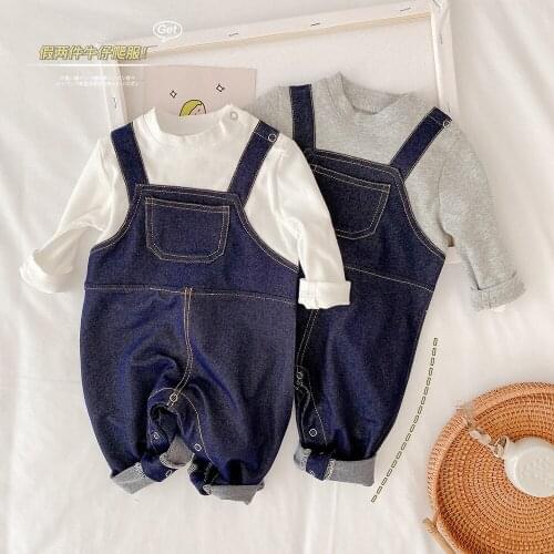 Baby Fake Two-piece Jumpsuit Toddler Kid Clothes Baby Girl Boy Sling Pants Open Crotch Knitted Romper Soft Denim Crawling Suit