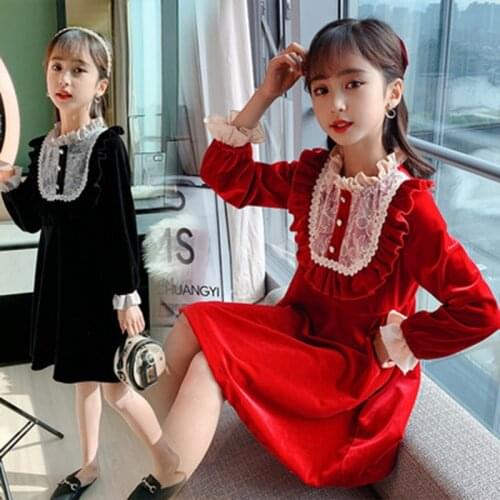 4 6 8 10 12 Year Childrens Halloween Costume Little Girls Spring Autumn Golden Velvet Kids Cute Dress Lace Princess Party Dress
